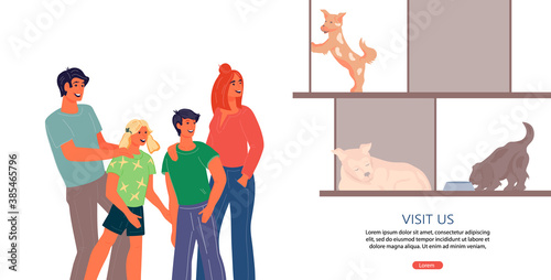 Website page template for animal shelter with family come to adopt a pet. Shelter for homeless animals, rehabilitation or adoption center for stray dogs, flat cartoon vector illustration.