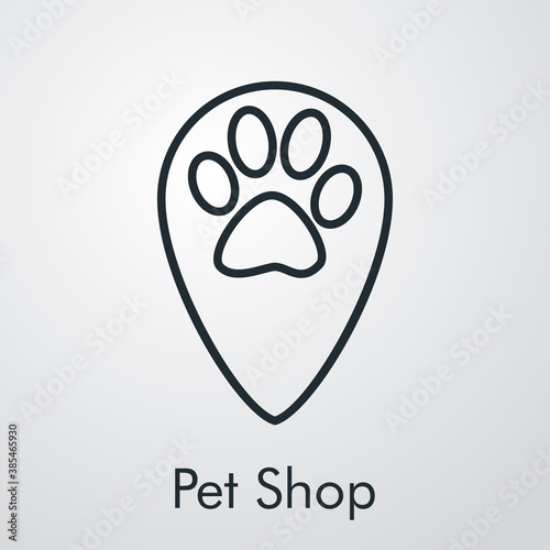 Tienda de mascotas. Logotipo lineal pisada de perro en puntero en fondo gris