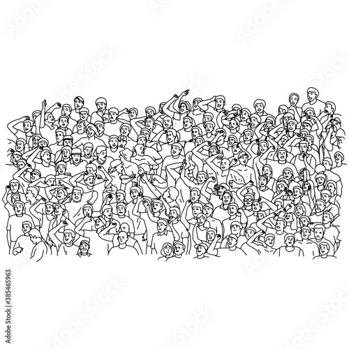 crowd sport fans cheering their team on stadium vector illustration sketch doodle hand drawn with black lines isolated on white background