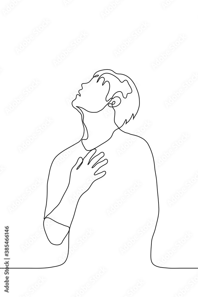 man stands with his face raised to the sky and his hand to his chest. one line drawing concept of supplication, fatigue, overabundance of feelings man stands with his face raised to the sky and his hand to his chest. one line drawing concept of supplication, fatigue, overabundance of feelings
