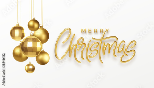 Christmas party calligraphy lettering greeting card with golden metallic christmas decorations isolated on white background. Vector illustration