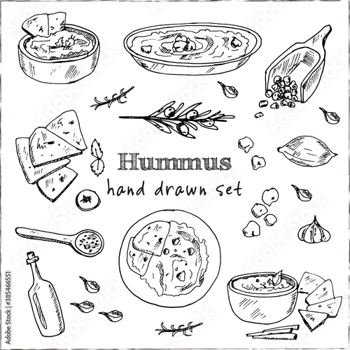 Hummus set with food and drink hand drawn doodles. Vector illustration