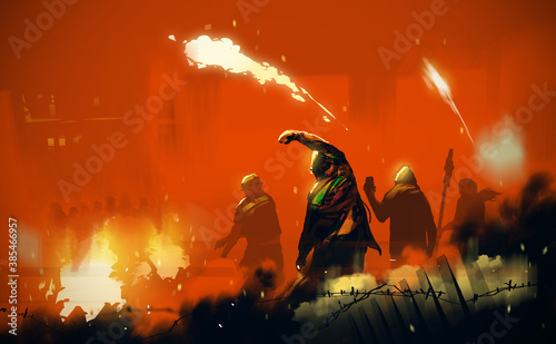 Digital illustration painting design style People's insurgents, against ruined city. photo