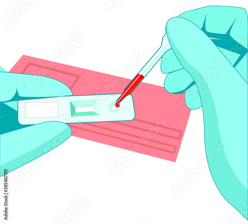 Doctor's hand with saliva test tube to check for coronavirus Covid-19. Medicine and health concept. Flat vector illustration.