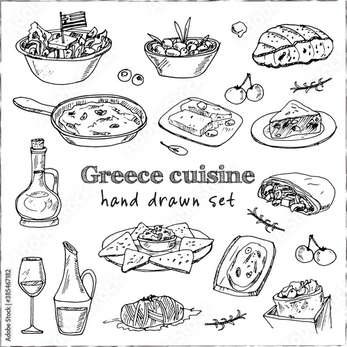 Greece cuisine set with food and drink hand drawn doodles. Vector illustration