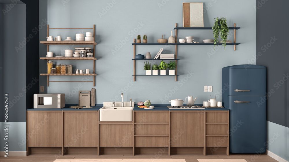 Country kitchen, eco interior design in blue tones, sustainable parquet