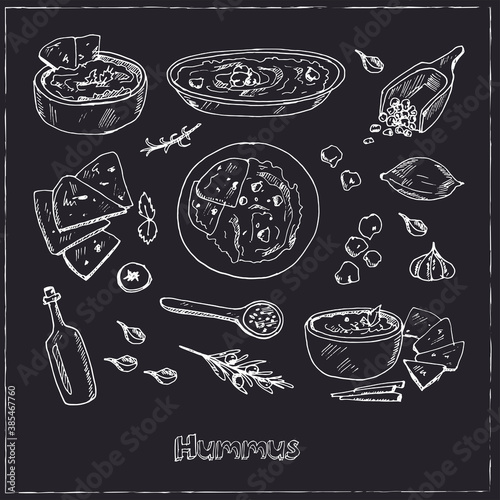 Hummus set with food and drink hand drawn doodles. Vector illustration