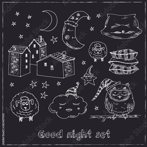 Doodle set of images about good night Vector illustration