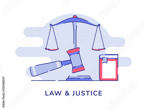 Law and justice concept balance scale gavel book white isolated background with flat outline style