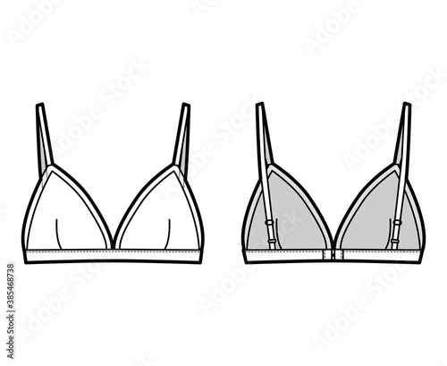 Triangle Bra lingerie technical fashion illustration with adjustable straps, hook-and-eye closure, sheer edge cups. Flat brassiere template front back white color style. Women men underwear CAD mockup