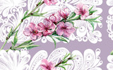 Flowers with leaves peach painting in watercolor. Spring composition with flowers and white openwork. Seamless pattern on violet background.