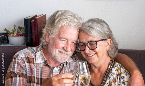 A senior couple with white hair and glasses toasting with two wineglasses - active retired elderly people at home