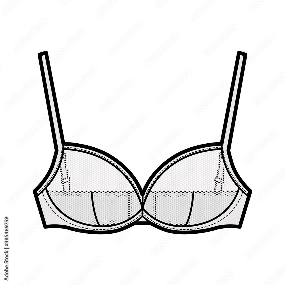 Sheer Bra lingerie technical fashion illustration with adjustable shoulder straps, hook-and-eye closure. Flat brassiere template front, white color style. Women men unisex underwear CAD mockup Sheer Bra lingerie technical fashion illustration with adjustable shoulder straps, hook-and-eye closure. Flat brassiere template front, white color style. Women men unisex underwear CAD mockup