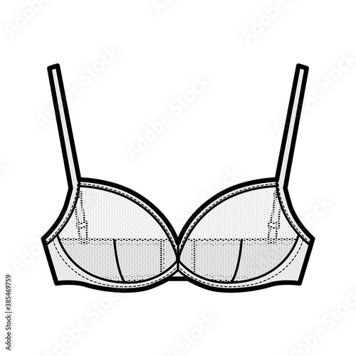 Sheer Bra lingerie technical fashion illustration with adjustable shoulder straps, hook-and-eye closure. Flat brassiere template front, white color style. Women men unisex underwear CAD mockup