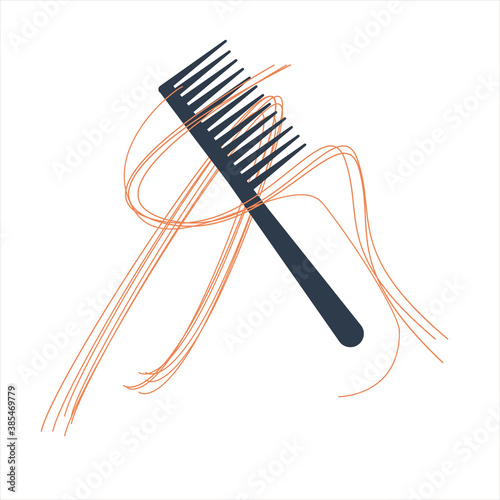 Hairbrush with hair. Vector flat illustration.