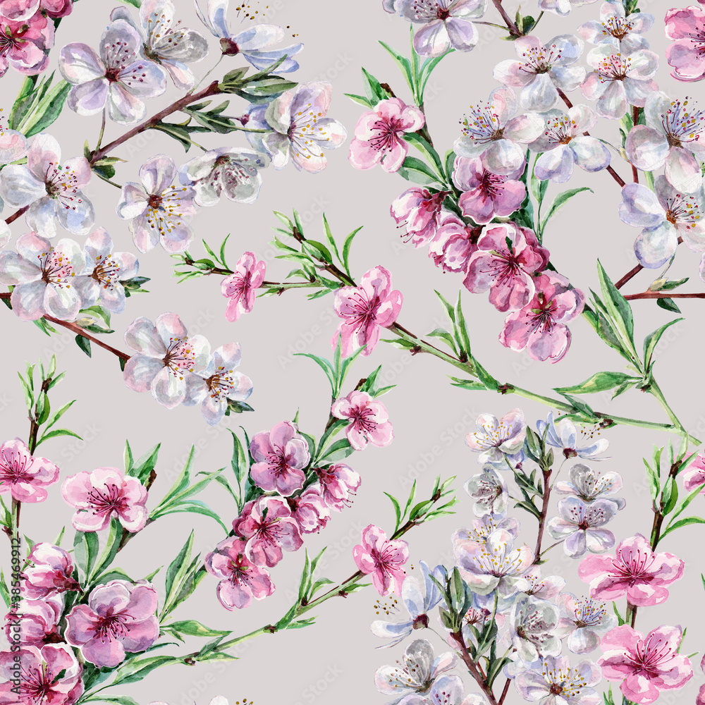 Fototapeta Flowers with leaves cherry and peach painting in watercolor. Spring composition. Seamless pattern on gray background.