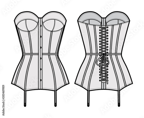 Torsolette basque bustier lingerie technical fashion illustration with molded cup, laced, attached garters. Flat brassiere template front, back grey color style. Women men unisex underwear CAD mockup