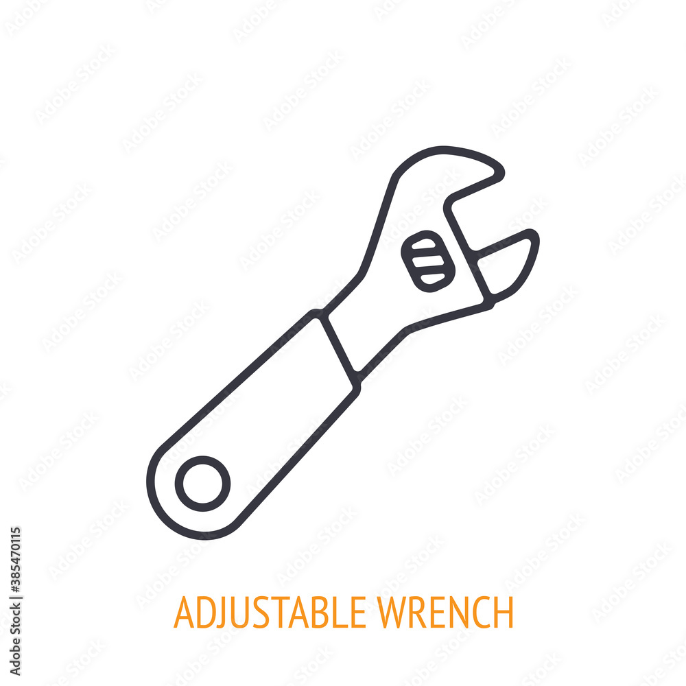 Adjustable wrench or spanner outline icon. Vector illustration. Hand work tools and instrument. Construction industry symbol. Thin line pictogram for user interface. Isolated white background Adjustable wrench or spanner outline icon. Vector illustration. Hand work tools and instrument. Construction industry symbol. Thin line pictogram for user interface. Isolated white background