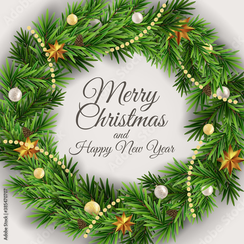 Holiday New Year and Merry Christmas Background with realistic Christmas wreath. Vector Illustration