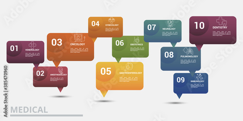 Infographic Medical template. Icons in different colors. Include Venerology, Anesthesiology, Oncology, Gynecology and others.