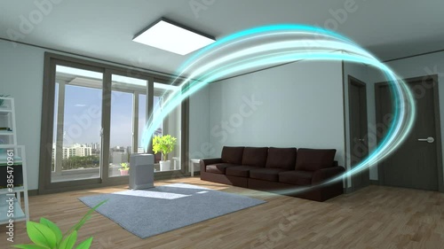 Air cleaner making indoor air fresh steadily by cleaning the air pollutant in the living room. It explains CADR (Clean Air Delivery Rate).