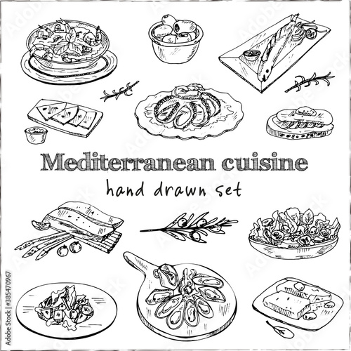 Mediterranean cuisine set with food and drink hand drawn doodles. Vector illustration