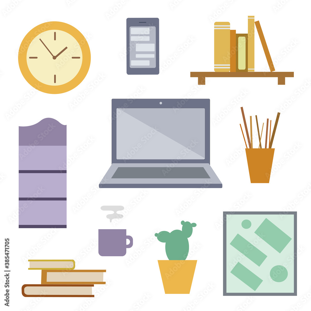 Collection of office supplies. Flat icons isolated on white background. Collection of office supplies. Flat icons isolated on white background.