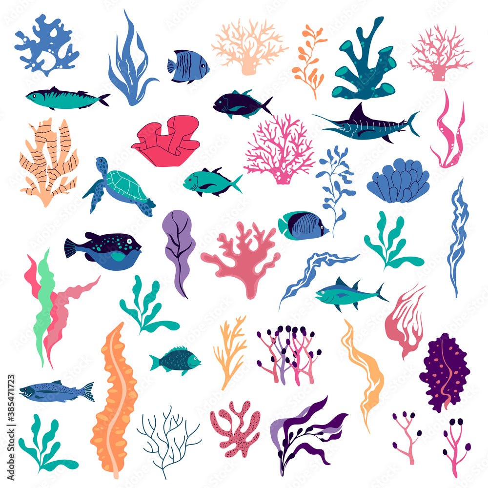 Sea Plants and Aquatic Marine Algae with Fish Floating Vector Set Sea Plants and Aquatic Marine Algae with Fish Floating Vector Set