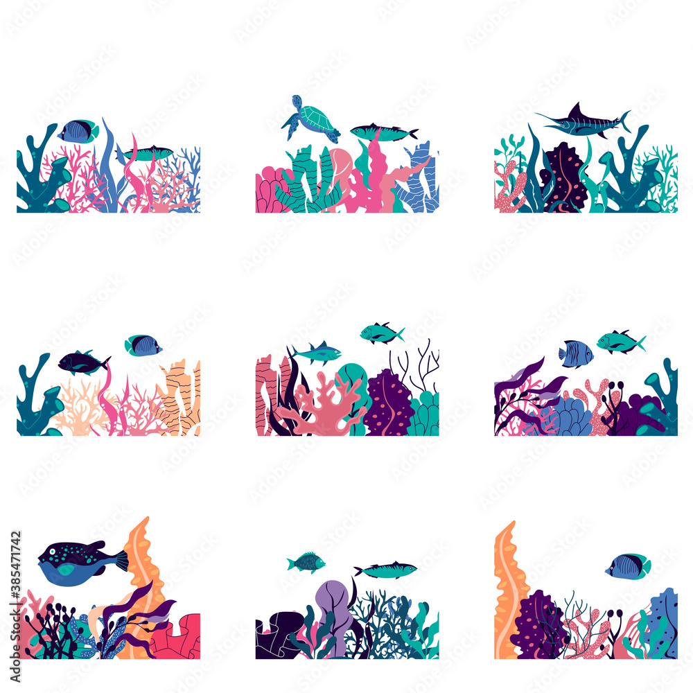 Sea Life Composition with Underwater Algae and Fish Floating Vector Set