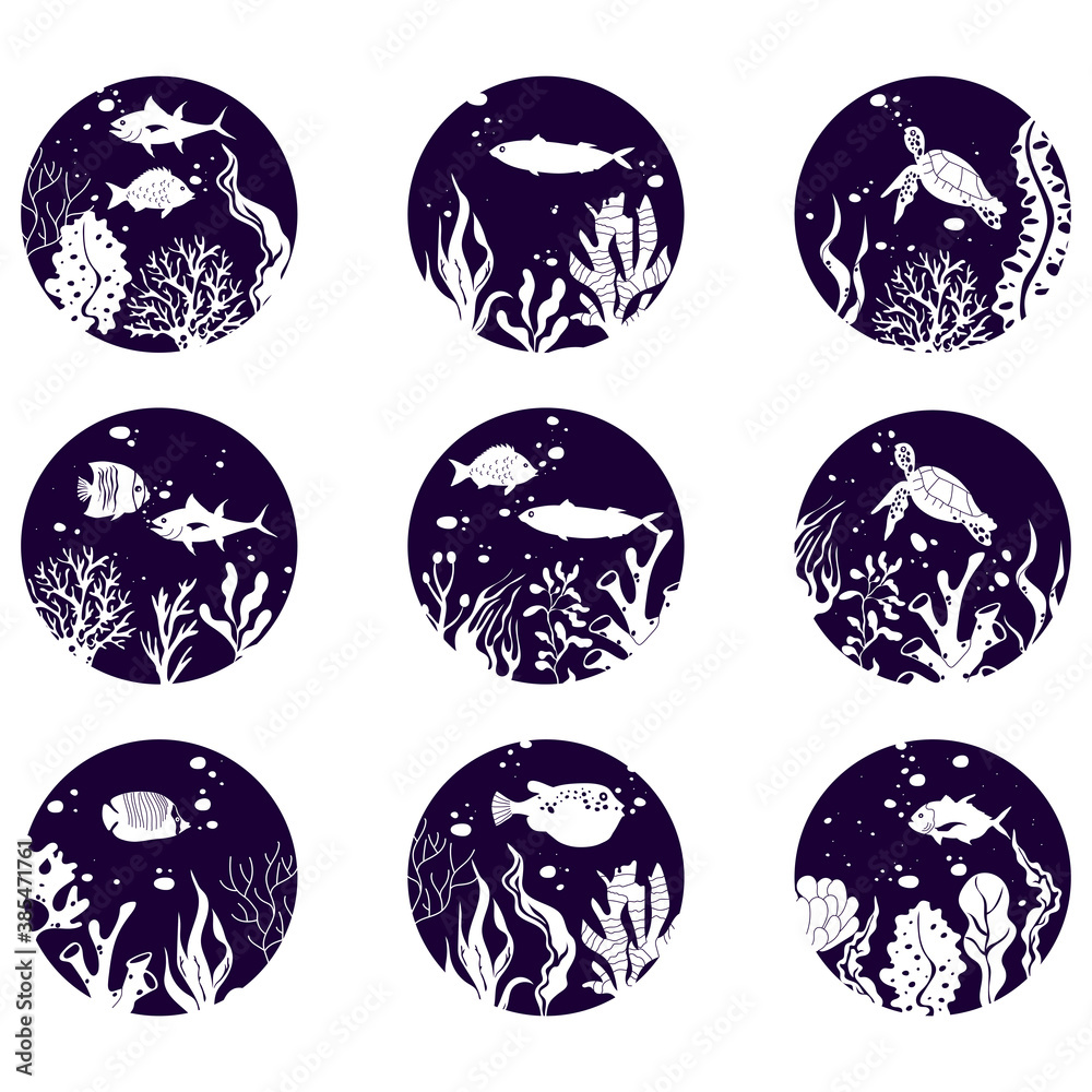 Circle with Fish and Algae White Silhouettes Vector Set