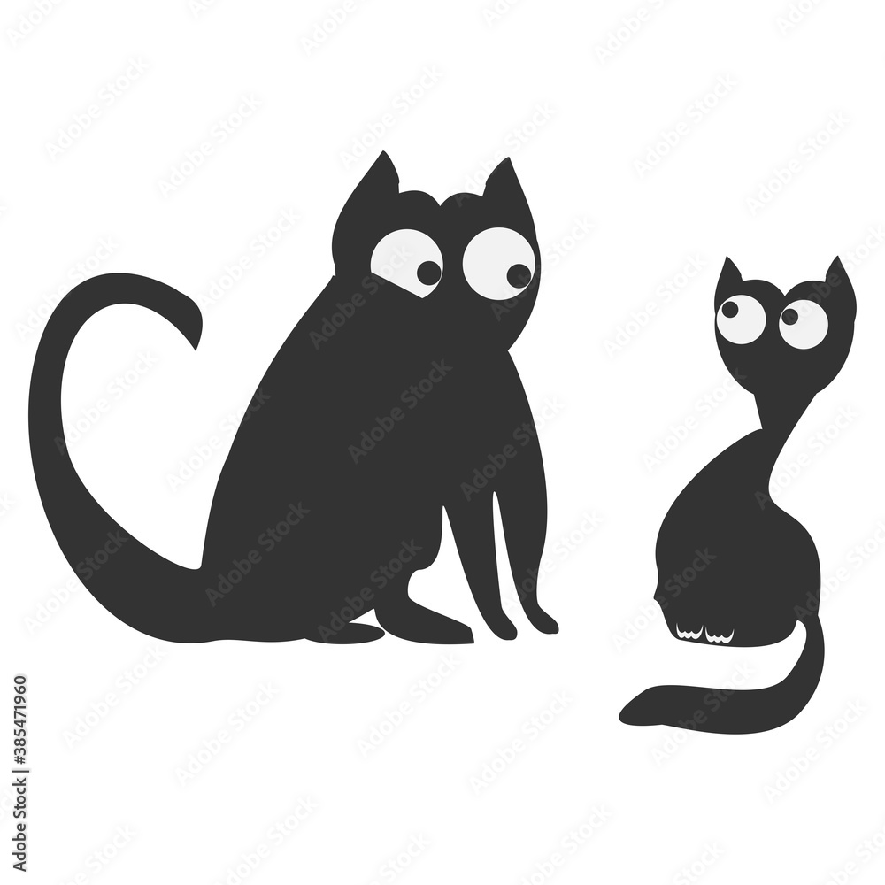 Set of black cartoon cats. Two cats are sitting. Vector illustration.