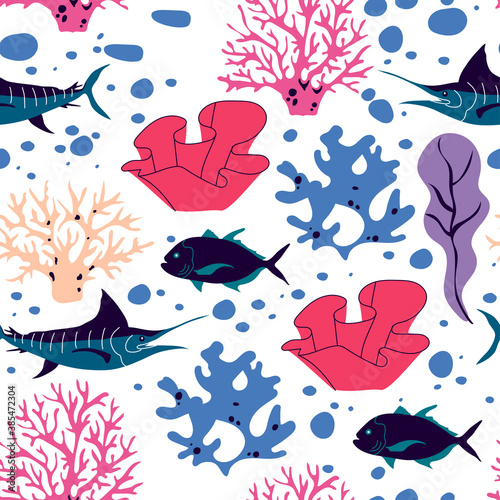 Underwater Creature and Marine Life with Fish and Sea Weeds Seamless Vector Pattern
