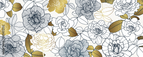 Luxury elegant gold rose floral line arts pattern and black background. Topical flower wallpaper design, Fabric, surface design. Vector illustration.