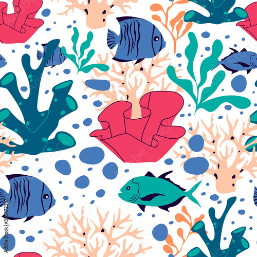 Underwater Creature and Marine Life with Fish and Sea Weeds Seamless Vector Pattern
