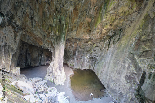 The central pillar of Cathedral Quarry, an abandoned slate mine in the Lake District