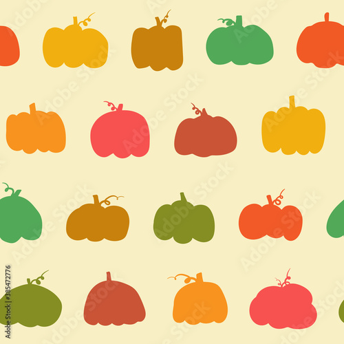 Seamless pattern for Halloween, All Hallows 'Eve,All Saints' Eve. Endless background with multicolored hand drawn pumpkins. Simple bright wallpaper.Vector illustration