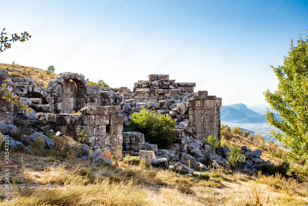 A beautiful view of mountains with old ruins