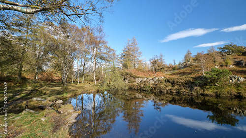 Autumn colours reflected in a Lake District tarn above derelict slate quarries at Hodge Close