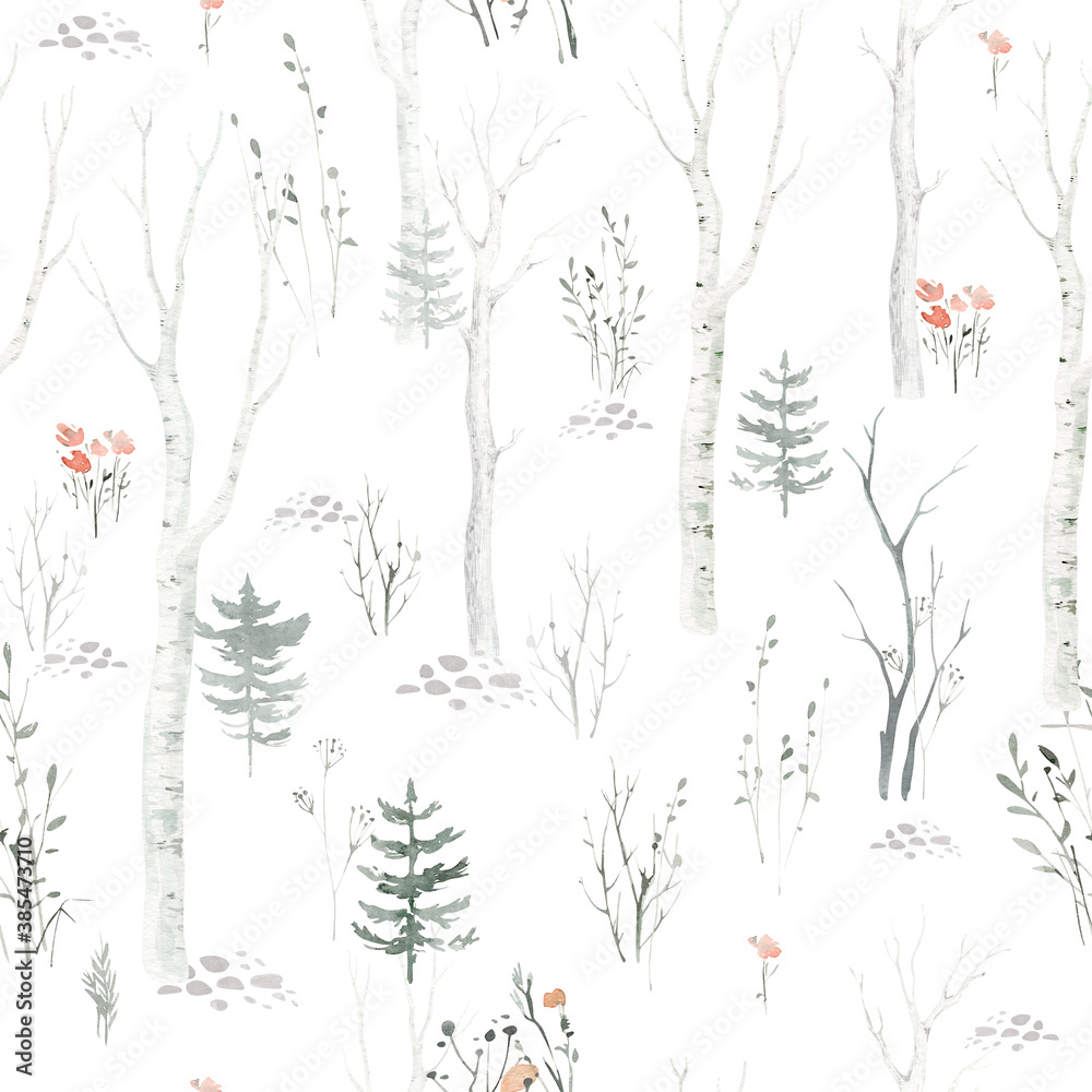 Fototapeta Seamless pattern with delicate green Christmas Tree. Decorative background with hand painted evergreen fores tree. Winter holiday design perfect for wallpaper and scrapbooking
