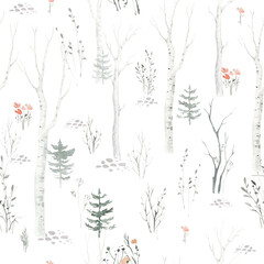 Fototapete Waldmuster Zarte grüne Weihnachtsbäume Aquarellmuster  © kris_art