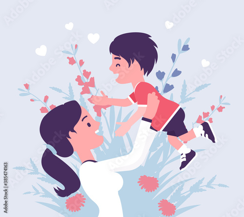Mom and baby son, female health in happy family. Mother tossing child, emotional bonds, love, motherhood beauty in good relationships. Vector creative stylized illustration, floral spring design