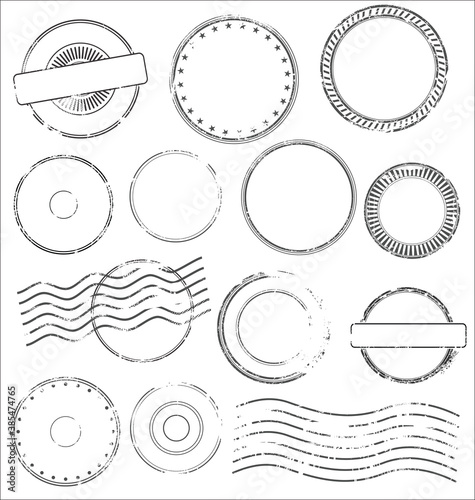 Collection of postal stamps and postmarks in black color isolated on white background 
