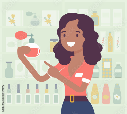 Perfume shop black female attractive employee, assistant. Smiling girl happy to help choosing, finding fragrance in store. Vector creative stylized illustration beauty product shelf display background