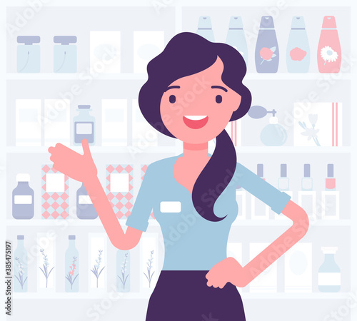 Perfume shop female attractive employee, assistant. Smiling girl happy to help choosing, finding fragrance in a store. Vector creative stylized illustration, beauty product shelf display background