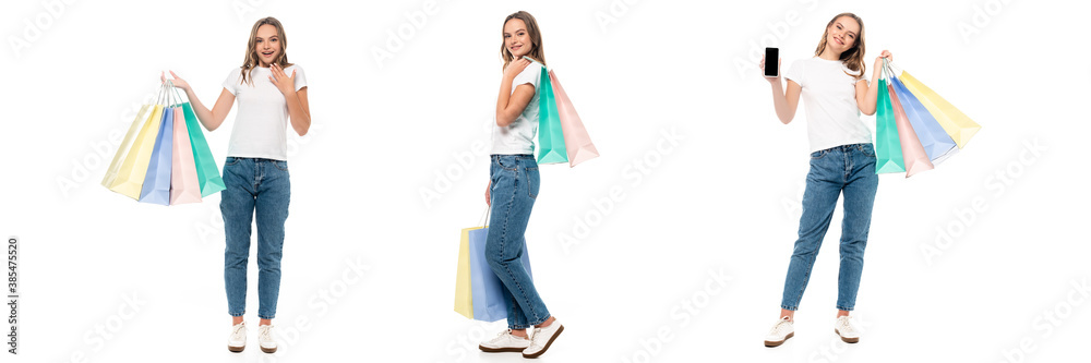 collage of joyful young woman holding shopping bags and smartphone with blank screen isolated on white
