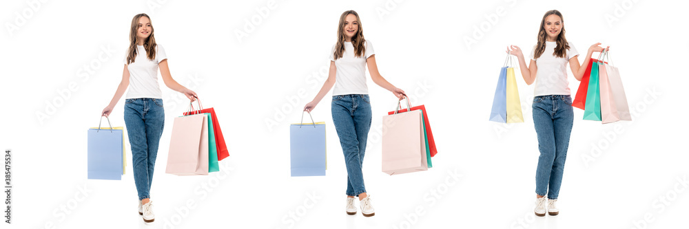 collage of joyful young woman holding shopping bags isolated on white