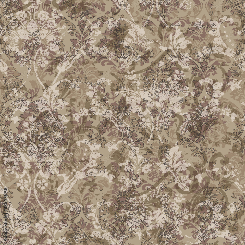 Abstract damask baroque floral  wallpaper grunge arabesque vector seamless pattern