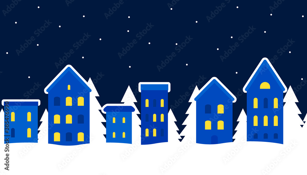 Cityscape of winter city. Christmas background. Fairy tale winter landscape. Seamless border. Small lodges and fir trees. Vector illustration Cityscape of winter city. Christmas background. Fairy tale winter landscape. Seamless border. Small lodges and fir trees. Vector illustration