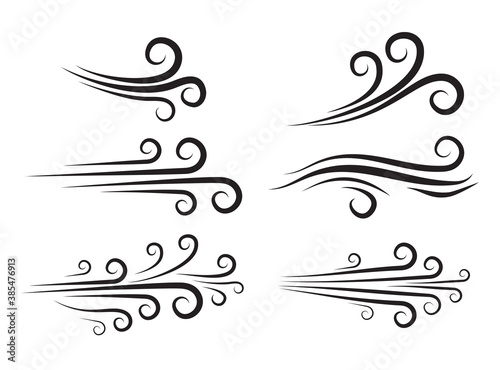 Wind blow icon set. Windy weather swirl vector shape. Silhouette of speed blowing air isolated on white. Breeze wave abstract curve symbols collection. Decorate forecast meteorology icons.