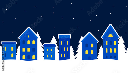 Cityscape of winter city. Christmas background. Fairy tale winter landscape. Seamless border. Small lodges and fir trees. Vector illustration